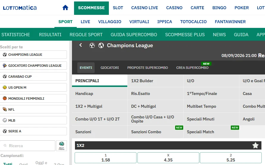 Schermata prepartita di Lottomatica con le quote 1X2 di Real Madrid-Inter: 1 a 1,58, X a 4,35, 2 a 5,25