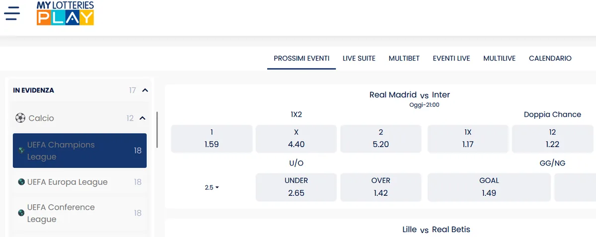 Schermata prepartita di Mylotteriesplay con le quote 1X2 di Real Madrid-Inter: 1 a 1,59, X a 4,40, 2 a 5,20