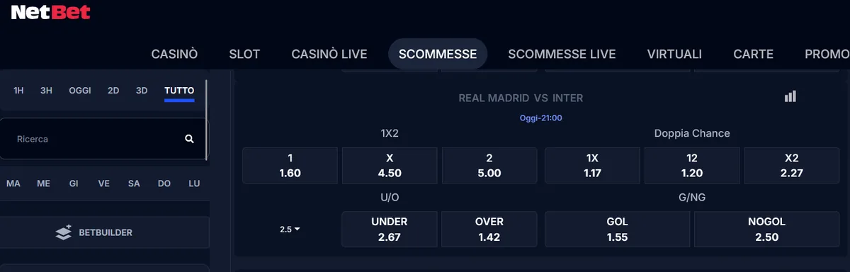 Schermata prepartita di NetBet con le quote 1X2 di Real Madrid-Inter: 1 a 1,60, X a 4,50, 2 a 5,00