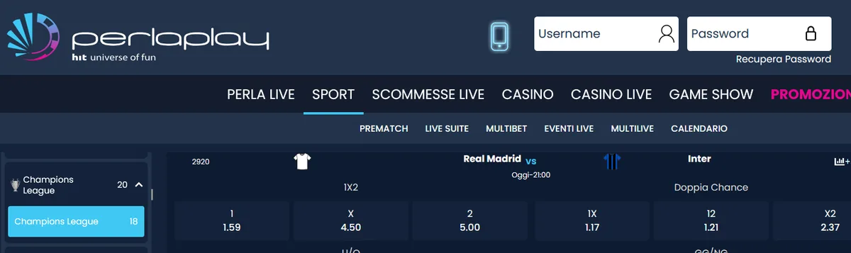 Schermata prepartita di PerlaPlay con le quote 1X2 di Real Madrid-Inter: 1 a 1,59, X a 4,50, 2 a 5,00